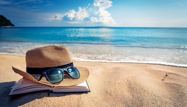 sommerliche szene am strand mit strohhut sonnenbrille und buch n erholung und lesezeit am meer