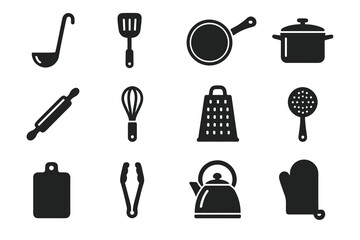 Set of black kitchen utensil icons including ladle, spatula, and pot