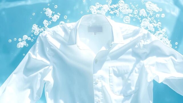 White shirt surrounded by air bubbles in water, cleanliness and laundry concept, dry cleaning clothes