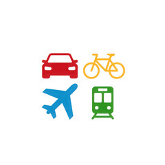 Collection of colorful transportation icons including car airplane bicycle and train for digital projects and presentations isolated on transparent background