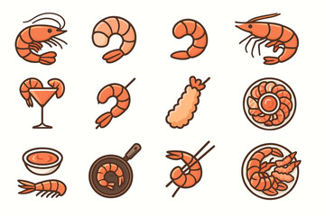 Fototapeta premium Shrimp icons: cartoon style illustrations of various shrimp dishes and icons