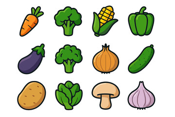 Colorful collection of cartoon vegetables: carrot, broccoli, corn, and more