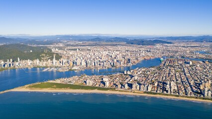 Panoramic aerial view of Itajaí city in Santa Catarina with urban landscape and coastline.