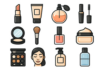 Makeup and skincare icons set featuring cosmetics and beauty products