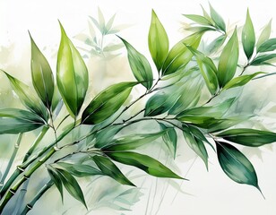stylized bamboo branch with lush green leaves on white