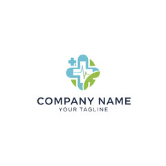 Modern medical cross logo with ECG line and green leaves, symbolizing health, wellness, and natural care for a company.