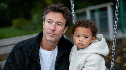 A father and his child sitting together on a swing in a park, embodying peace, connection, and the simple joys found in shared moments of relaxation and play.