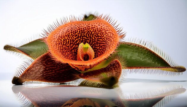 reflections and a white setting featuring a stapelia variegata flower