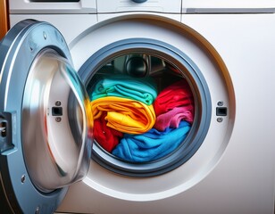 front loading washing machine with bright colorful clothes spinning inside viewed through the glass door