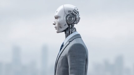 Futuristic humanoid robot in business attire standing against a blurred city skyline, showcasing technology and innovation in a professional context.