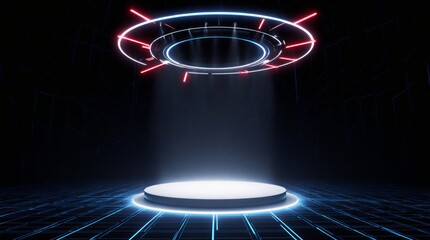 cyberpunk podium display for futuristic product reveal | product display, presentation, futuristic technology, cyberspace design, science fiction theme