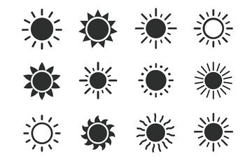 Collection of diverse sun icon designs in black and white vector style