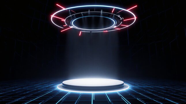 cyberpunk podium display for futuristic product reveal | product display, presentation, futuristic technology, cyberspace design, science fiction theme - Powered by Adobe