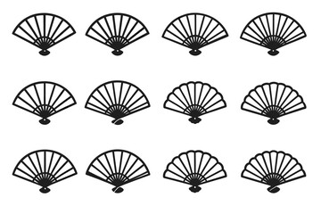 Set of twelve black decorative hand fans with various designs