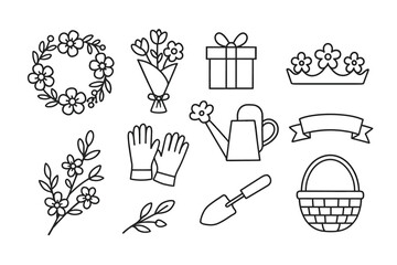Gardening and floral line art set: tools, wreaths, gifts, and crowns