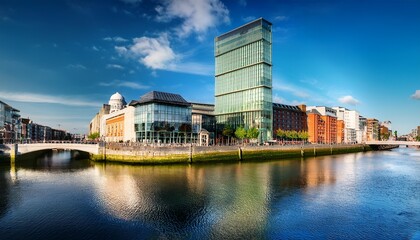 modern buildings and offices on liffey river in dublin