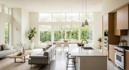 A modern minimalist home interior design with clean lines, sleek furniture, and neutral color palette, featuring an open-concept living space connected to a spacious kitchen, bathed in natural light	
