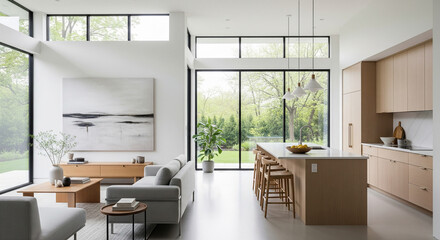 A modern minimalist home interior design with clean lines, sleek furniture, and neutral color palette, featuring an open-concept living space connected to a spacious kitchen, bathed in natural light	
