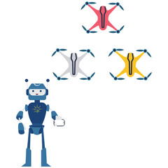 Robot controlling drones for delivery isolated on  adobe illustration