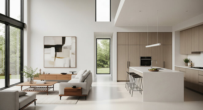 A modern minimalist home interior design with clean lines, sleek furniture, and neutral color palette, featuring an open-concept living space connected to a spacious kitchen, bathed in natural light	
