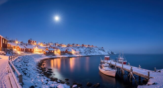 Snowy Coastal Village Under Bright Moonlight with Docked Boats and Illuminated Houses - Powered by Adobe