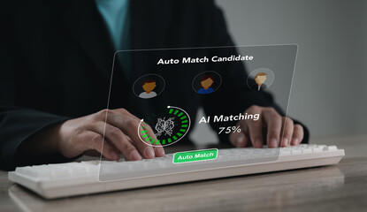 Futuristic concept of AI auto match candidate system on virtual screen. Artificial intelligence technology helps businesses automate recruitment and improve human resources efficiency.