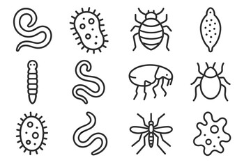 Set of line drawings of various insects, bugs, and microorganisms