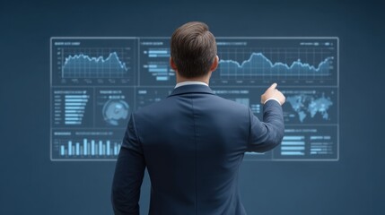 Business professional analyzing financial data on a futuristic touchscreen interface with graphs and charts in a modern office environment