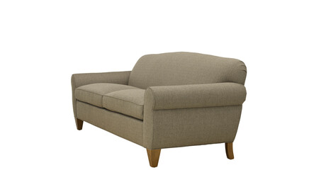 Comfortable loveseat sofa in taupe fabric with rolled arms on white background + clipping path. Furniture, interior object.