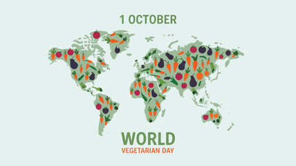 Obraz premium Vector art of world map made of fresh vegetables and fruits on october 1st, celebrating world vegetarian day