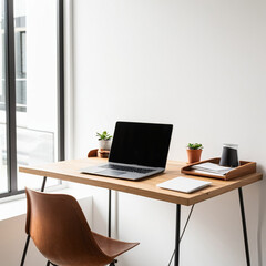 This photo shows a minimalist home office setup with a wooden desk, a closed laptop, and a brown chair. The desk is near a large window, and small potted plants add a touch of greenery to the clean wo