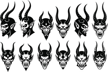 Horned demon vector illustrations set, devil heads, faces, evil, horns, menacing, fierce, sinister graphic, mascot, tattoo, design, fantasy art