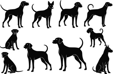 Dog silhouettes vector set, black dog illustrations, standing, sitting, various breeds, simple, canine poses, pet design, animal, nature, graphic design