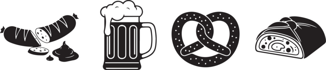 Four black and white icons representing sausages, a beer mug, a pretzel, and a pastry.