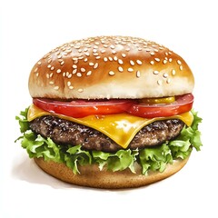 This watercolor-style illustration shows a delicious cheeseburger with all the fixings, including a sesame seed bun, lettuce, tomato, and melted cheese.