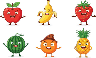 Cartoon Fruit Characters with Happy Faces – Apple, Banana, Strawberry, Watermelon, Orange, Pineapple – Fun Vector Set for Kids