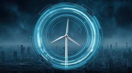Futuristic Wind Turbine Surrounded by Digital Interface Depicting Renewable Energy Technology and Urban Landscape Under Stormy Sky