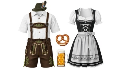 A man and a woman in traditional German clothing, including a dirndl and lederhosen, with a beer mug and pretzel in the background.