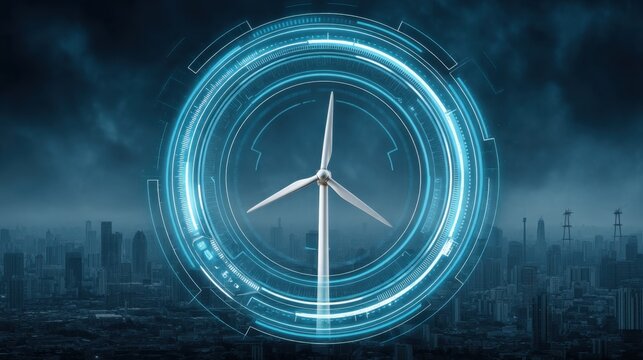Futuristic Wind Turbine Surrounded by Digital Interface Depicting Renewable Energy Technology and Urban Landscape Under Stormy Sky