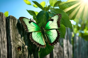 green butterfly on a wooden garden fence