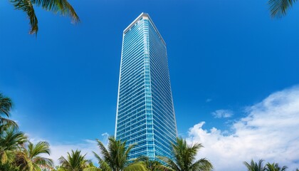 Fototapeta premium a stunning skyscraper reaching towards the sky framed by palm trees against a vibrant blue backdrop symbolizing urban architecture and modern living in a tropical paradise