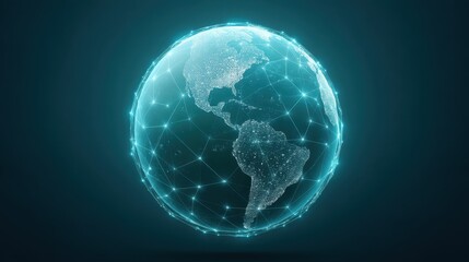 Digital representation of a glowing Earth model connected by luminous network lines depicting global connectivity and technological advancement