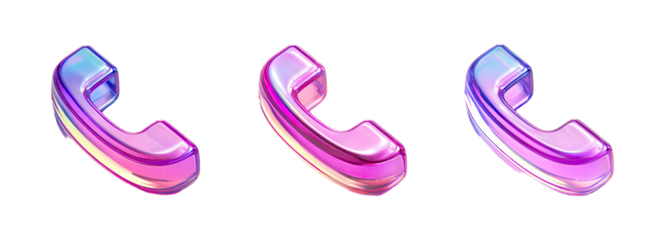 Three holographic phone icons in vibrant pink and purple hues