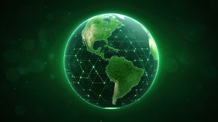 Digital Earth Globe with Geometric Network Overlay Illuminated in Vibrant Green Colors on Dark Background for Technology Visuals