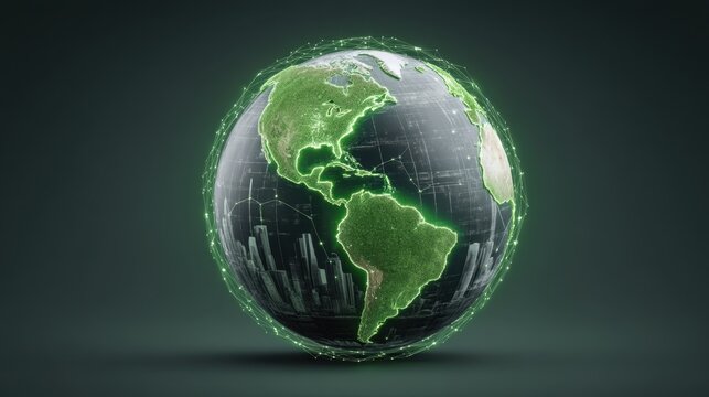 3D Rendering of a Digital Globe Representing Global Connectivity and Technological Integration of Earth with Green Elements on a Dark Background