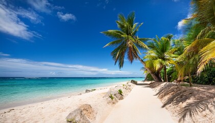 Fototapeta premium tropical beach scene with palm trees sandy pathway leading to ocean clear blue water and sky