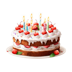 Obraz na płótnie Canvas Birthday cake with cherries and candles, isolated on transparent background