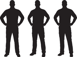 Three men standing with hands on hips silhouette