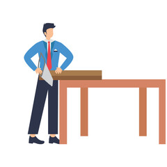 Carpenter sawing wood on table isolated on adobe illustration