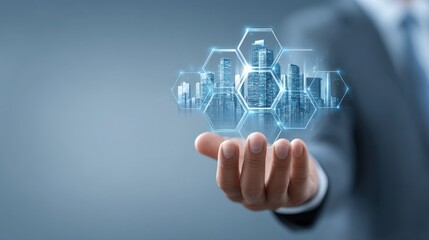 Businessman Holding Futuristic City Skyline with Digital Hexagons and Technology Visualization for Urban Development and Smart City Concepts